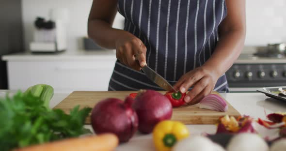 Mid section of african american woman preparing dinner in kitchen