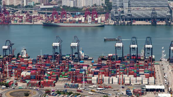 Hong Kong Container Port Terminal and Logistics Center Timelapse Pan Up