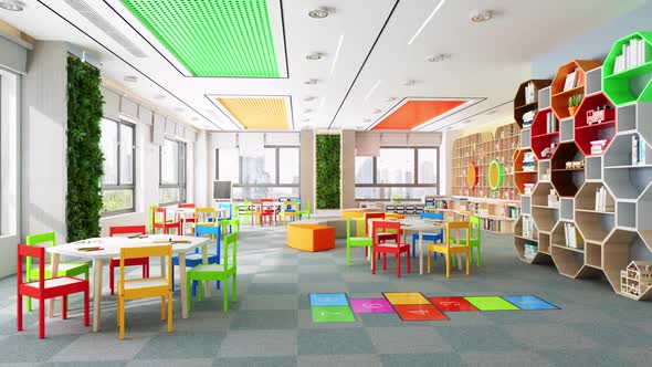 Kindergarten Classroom With Tables, Multi Colored Chairs And Walled Garden.