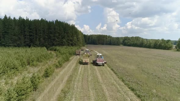 Aerial view of two Combines harvesting, trucks and tractor on grass field. 32