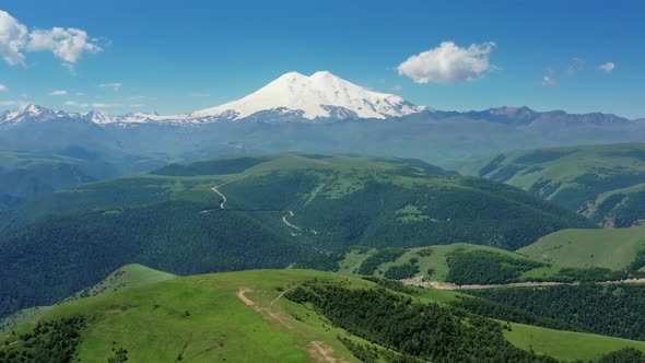 Mount Elbrus and Hills Caucasus Mountains