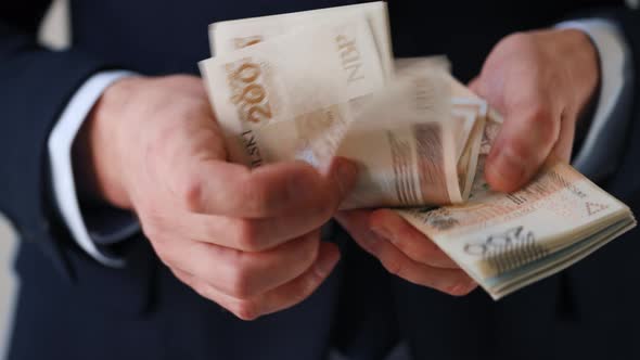 Formally Dressed Man Counting Polish Zloty Banknotes