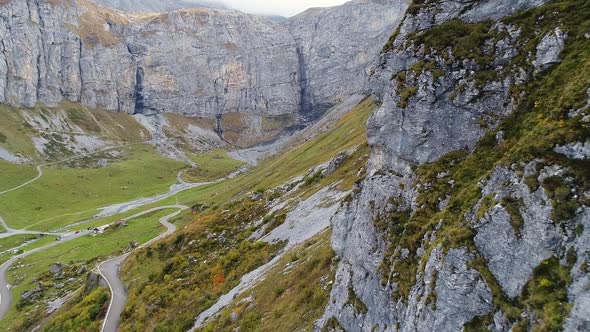 Aerial video of the Swiss alps from the Klausenpass, Switzerland during spring