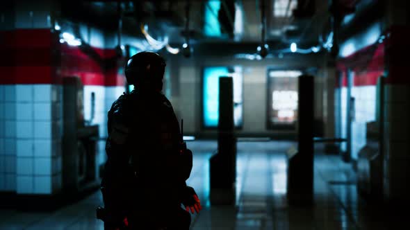 Policeman in Empty Underground Metro Sunbway