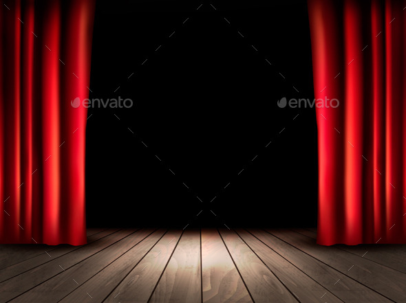 Theater Stage with Wooden Floor and Red Curtains