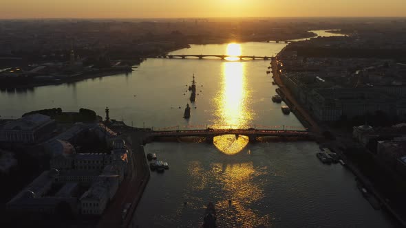 Aerial Morning Urban Landscape with Warships in the Waters of the Neva River Before the Holiday of