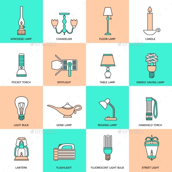 Flashlight and Lamps Icons Flat Line