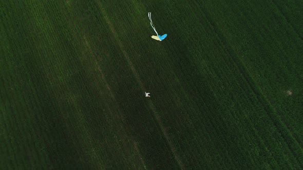 The Boy Runs Across a Green Field with a Kite Flying After Him