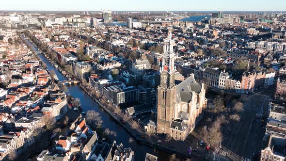 Amsterdam City Center Aerial Drone View of the Westerkerk and the Jordaan Urban Area in the City