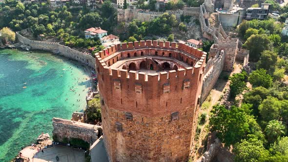 Castle Alanya Kalesi Aerial View 4 K of Mountain and City Turkey