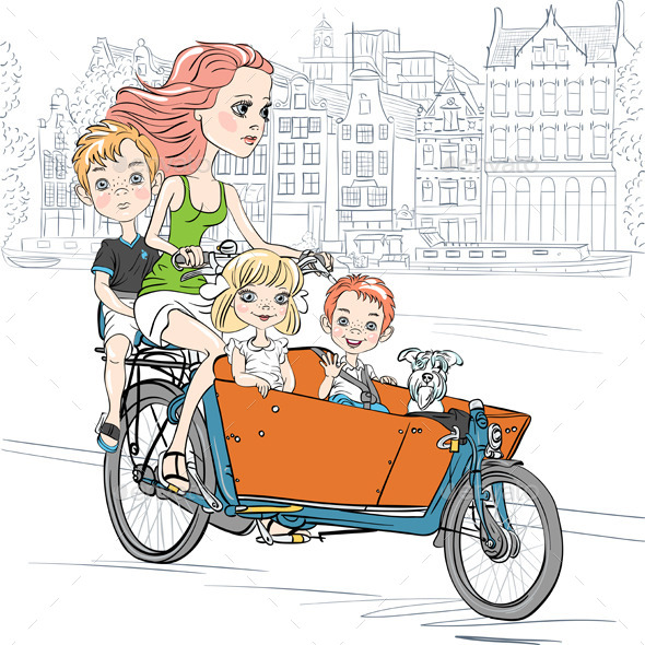 Girl Carries Children on a Bike