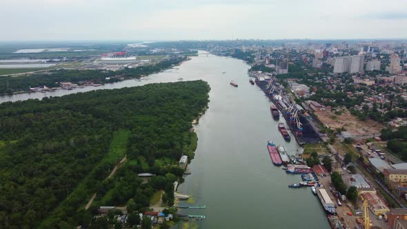 a Large River on the Background of the City is an Aerial View