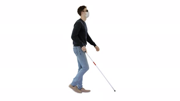 Blind Man In Medical Mask Walking on White Background