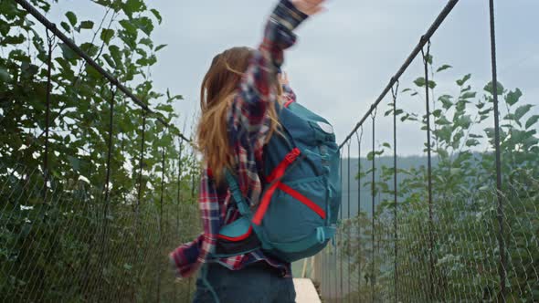 Euphoric Girl Hike Jump at Mountains Nature