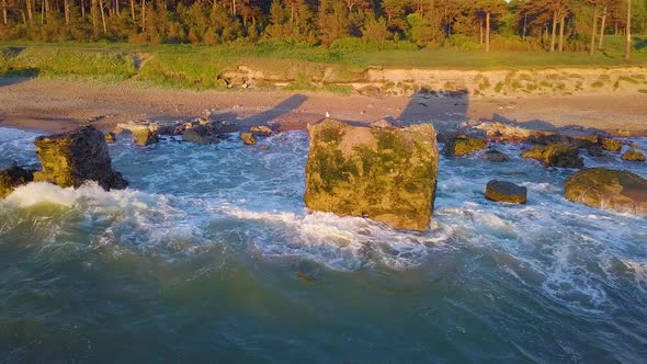 Aerial view of abandoned seaside fortification buildings at Karosta Northern Forts on the beach of B