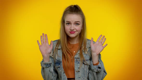 Girl on Yellow Studio Background Pointing Fingers Himself Ask Say Who Me No Thanks I Do Not Need It