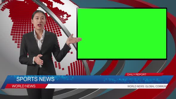 Live News Studio With Asian Female Anchor And Green Screen Television Pointing To Side While Report