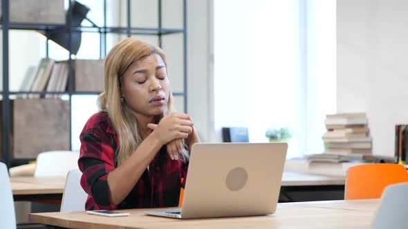Headache, Frustrated Tense Black Woman at Work in Office