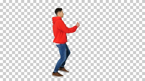 Handsome young man dancing in red hoody, Alpha Channel