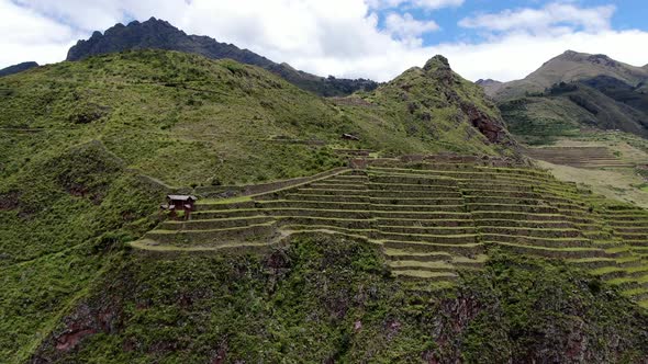 Stunning Inca Terrace Field In The Sacred Valley With Ancient Sites At Pisac In Cusco, Peru. Aerial