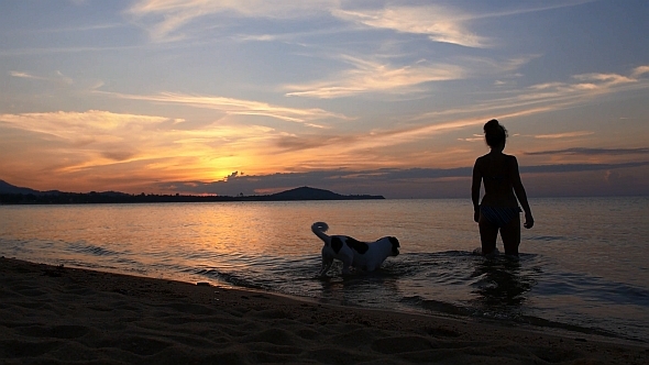 Woman with Dog in the Sea at Sunset