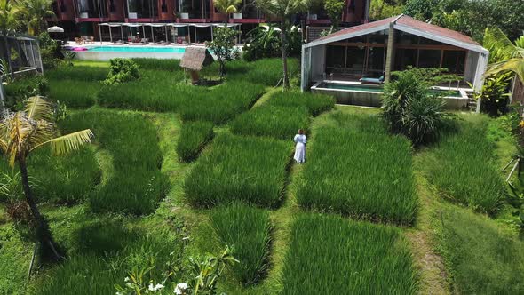 Woman in white dress walking along the Shore Amora Hotel gardens in Bali Indonesia, Aerial follow sh