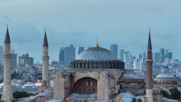 Establishing Orbiting Aerial Drone Shot of a Hagia Sophia Holy Grand Mosque with Bosphorus Bridge