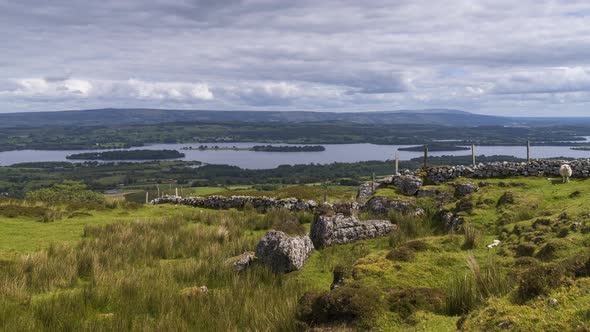 Time lapse of rural and remote landscape of grass, trees and rocks during the day in hills of Carrow