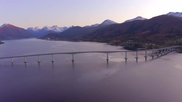 A Huge Box Girder Bridge over Tresfjord in Norway at Sunset