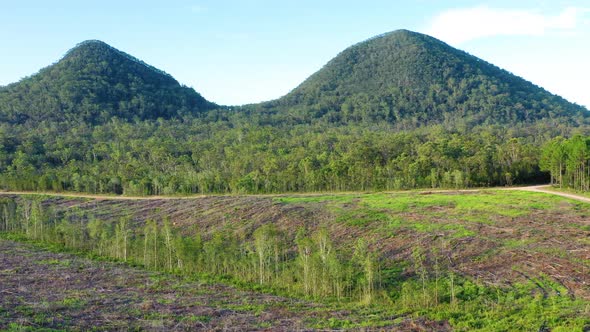 Aerial view of Mt Tunbubudla, Glass House Mountains, Queensland, Australia.