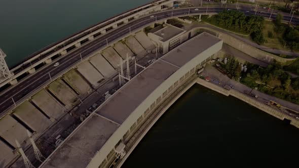 Aerial flight over the hydroelectric power plant on the Dnipro River