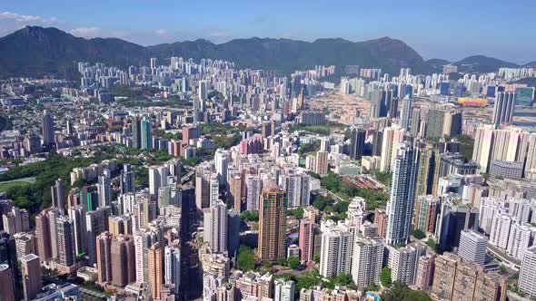 Drone fly over the Hong Kong urban city