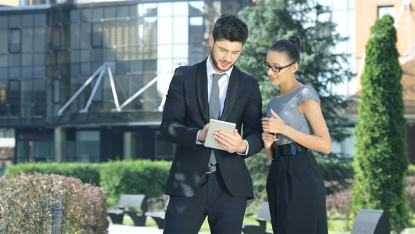 Pleased Business Couple Standing and Working Together