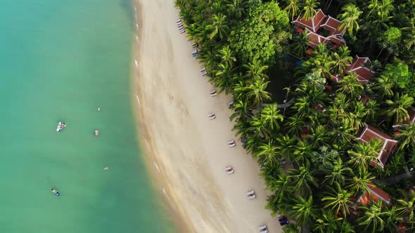 Blue Lagoon and Sandy Beach with Palms. Aerial View of Blue Lagoon and Sun Beds on Sandy Beach