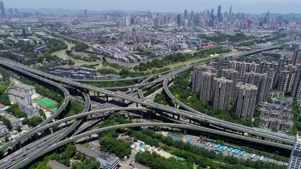 Aerial view of highway and overpass in city