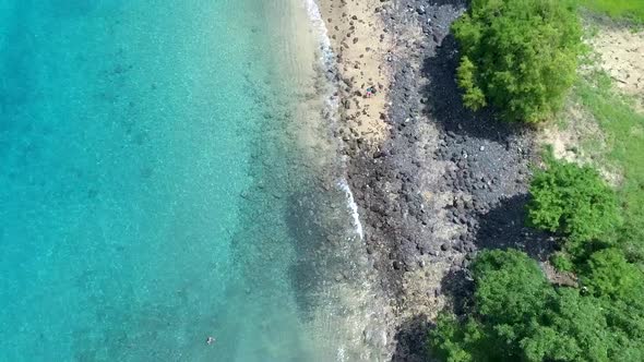 Aerial view from top along tropical Blue lagoon beach, São Tomé Island