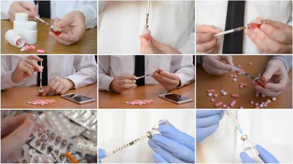 Collage of Nine Videos with Injection of Insulin Vaccine Drug