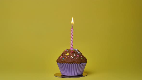 Birthday Cupcake with a Lit Candle on a Yellow Background