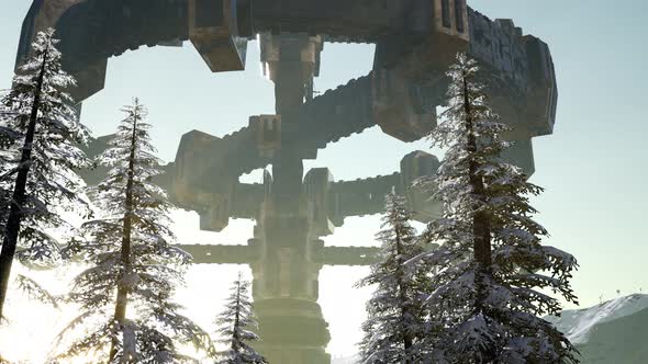 UFO Hovering Over a Forest at Sunset with Light Beam alt