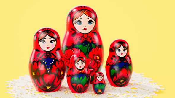 Beautiful handmade matryoshka dolls. Set of cute traditional wooden Russian toys