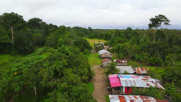 Aerial view moving forward shot, A community in the middle of a forest in Amazon, Colombia, bright b