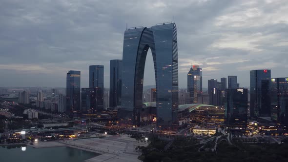 Aerial of CBD buildings by Jinji Lake in Suzhou, China.