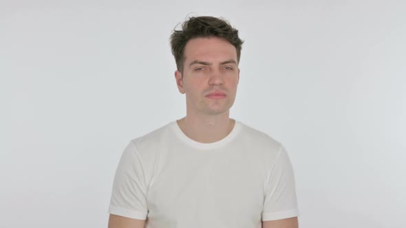 Young Man Listening Secret on White Background