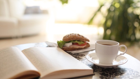 Morning Coffee And Book With Sandwich