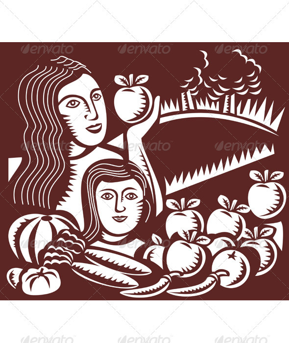 Mother And Child Holding Apple With Harvest