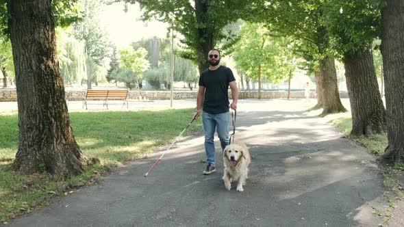 Young Blind Man with White Cane and Guide Dog Walking on Sidewalk in a Park