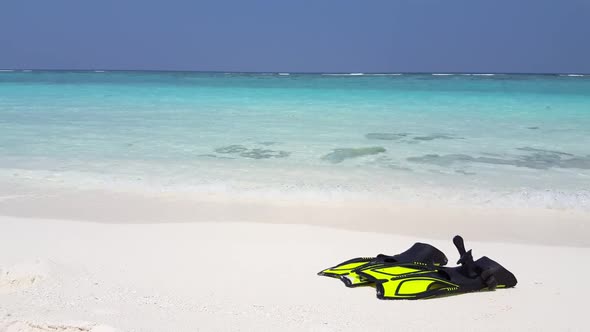 Aerial drone scenery of marine island beach journey by blue green ocean and white sand background of