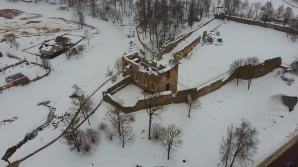 Ruins of Ancient Livonian Order's Stone Medieval Castle Latvia Aerial Drone Top Shot From Above . Re