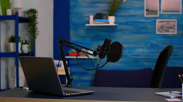 Online Live Podcast Studio Desk with Microphone in Home Studio