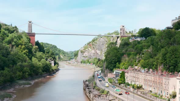 Rising drone shot towards Clifton suspension bridge Bristol